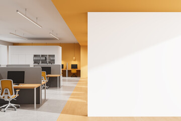 Modern office interior with empty white wall for poster mockup or design template in bright...