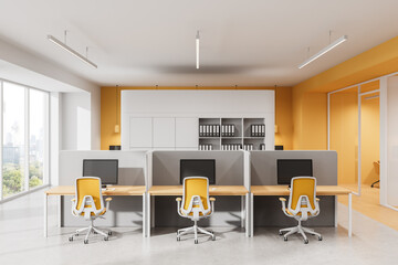 Fototapeta premium Modern open office interior with yellow chairs and dividers in minimalistic workspace design concept, bright and spacious with warm tones and natural light. 3D Rendering