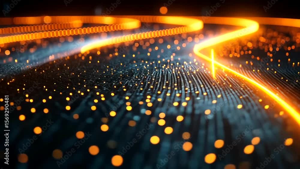 Poster abstract digital landscape with glowing neon streams and dynamic particle effects