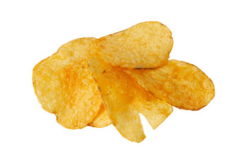 Crunchy and savory potato chips close-up on white background.