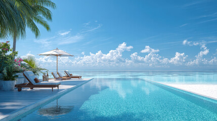 Obraz premium An exquisite view of a tropical paradise featuring an infinity pool merging seamlessly with the crystal-clear ocean, framed by lounge chairs and a palm tree, embodying ultimate relaxation