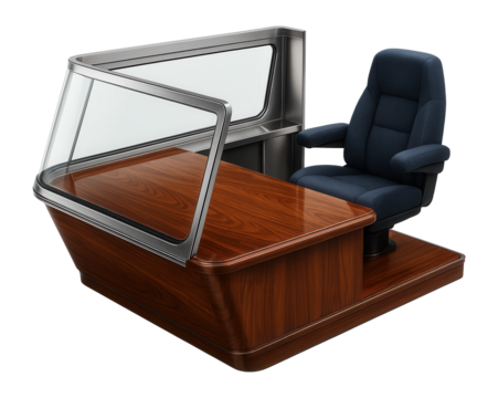 Captain's cabin with a large panoramic window and polished wooden desk