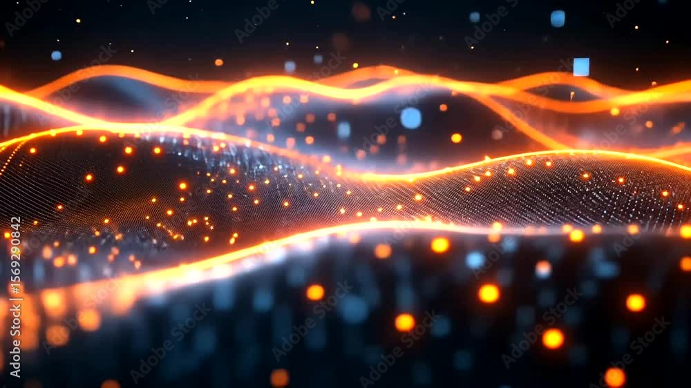 Poster abstract digital landscape with glowing particles and dynamic wave patterns