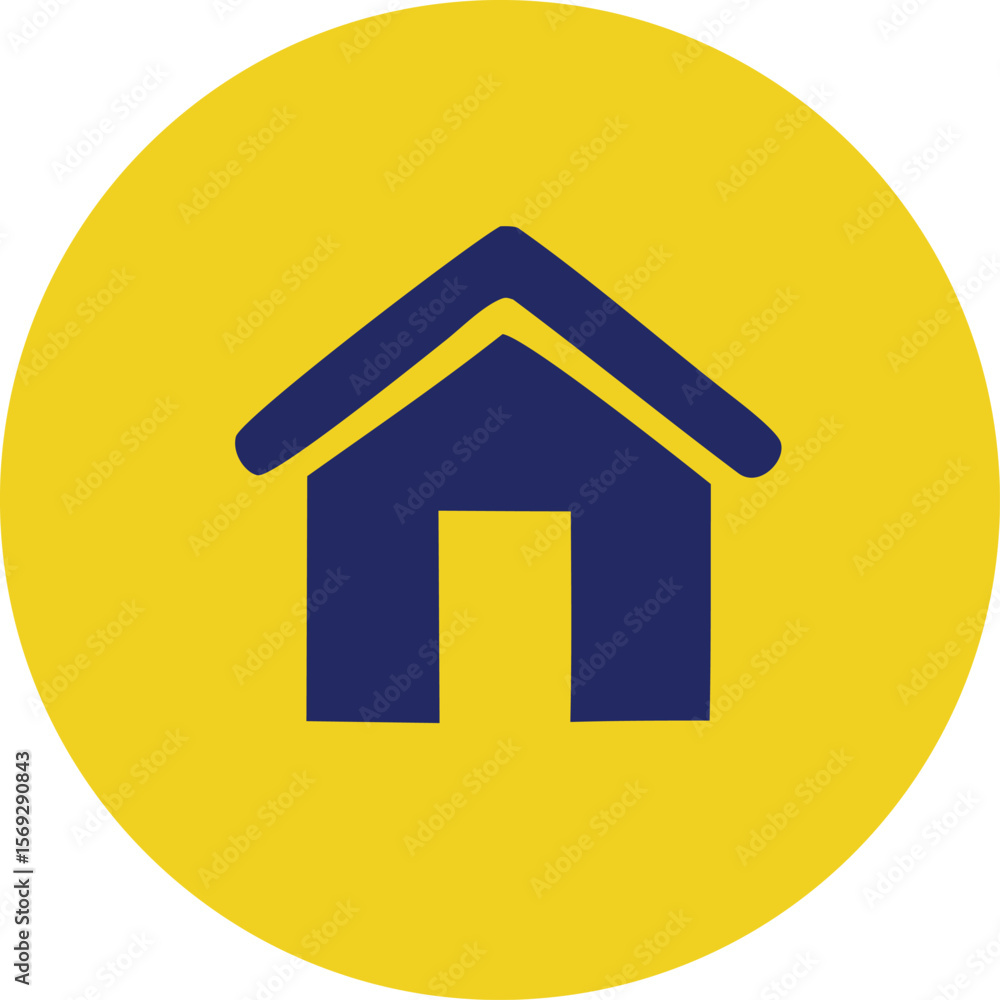Poster simple dark blue house icon centered on a bright yellow circular background with a subtle textured p