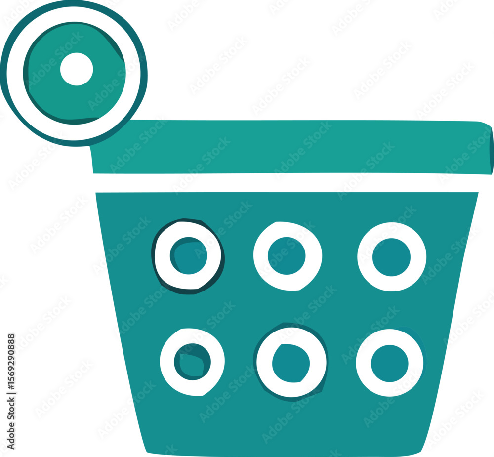 Poster abstract teal and white graphic design featuring concentric circles and a bucket shape with circular