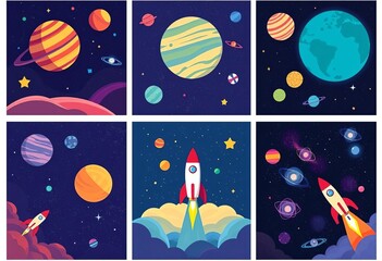 Set of vibrant flat-style space posters featuring planets, stars, rockets, and galaxies, moon, design element