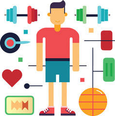 A stylized illustration of a person surrounded by various fitness equipment and health symbols conveying a message of overall well being and active living