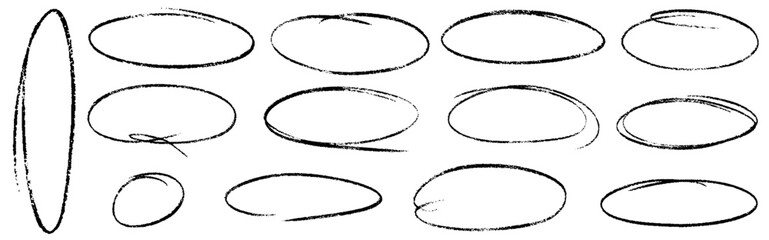 Hand drawn crayon ovals and circles. Ellipses pencil doodle style set. Red round rough thin frames. Round freehand shapes, emphasis highlights. Vector elements for hand drawn diagrams