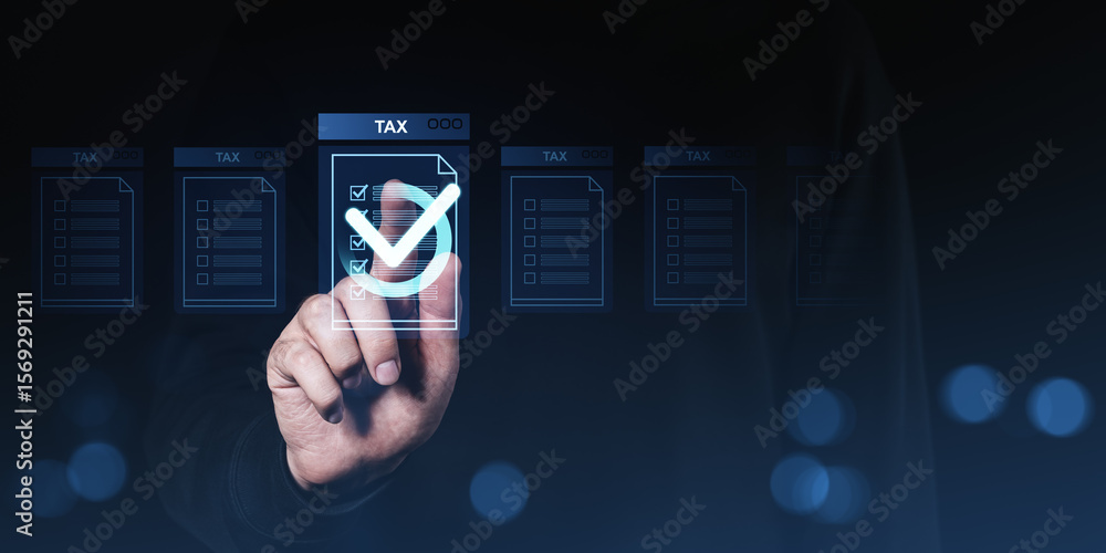 Poster hand interacting with digital tax document interface with check mark symbol on futuristic screen, il