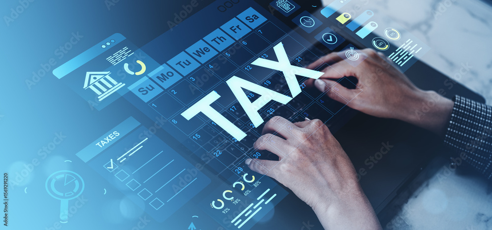 Aufkleber digital tax payment and filing concept with hands typing on laptop with floating calendar interface 