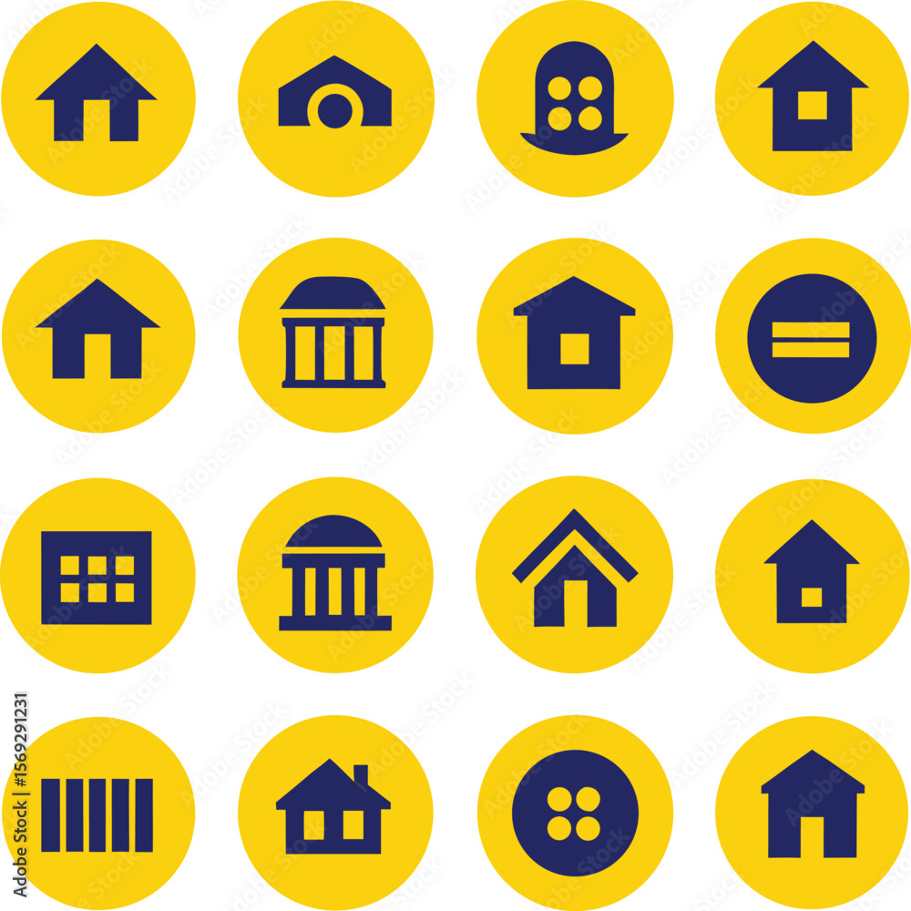 Poster collection of blue building and abstract icons on yellow circular backgrounds with a subtle textured