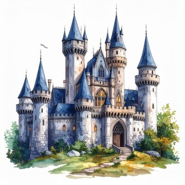 Majestic Stone Castle with Blue Towers Watercolor Painting
