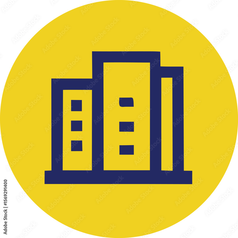 Poster a simple minimalist graphic icon featuring three dark blue rectangular buildings with square windows