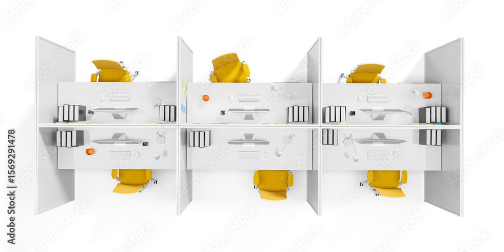 Poster top view of modern office cubicles with yellow chairs and minimalist workstations in symmetric layou