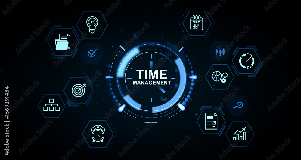 Poster time management concept with futuristic digital clock interface and productivity icons on dark backg
