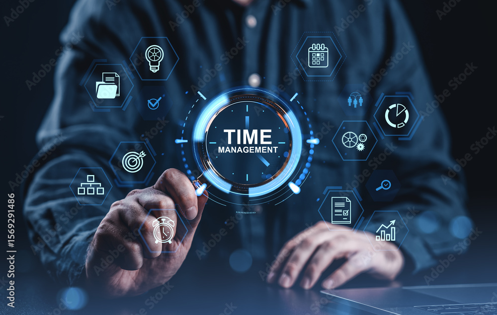 Poster time management concept with digital icons around businessman using virtual interface on dark backgr