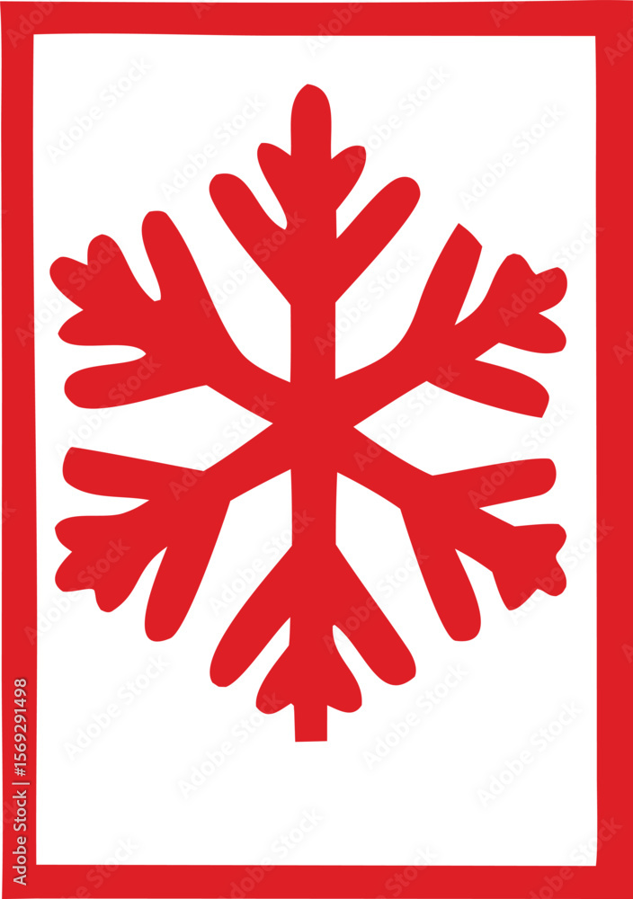 Poster a bold red stylized snowflake design is centrally placed within a thick red border on a clean white 