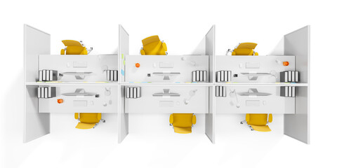Top view of modern office cubicles with yellow chairs and minimalist workstations in symmetric...