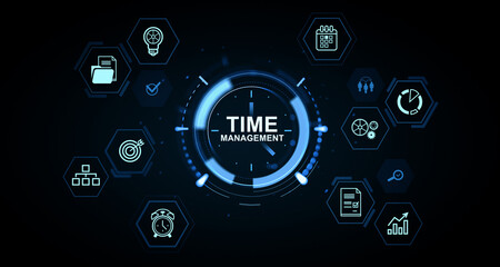 Time management concept with futuristic digital clock interface and productivity icons on dark...