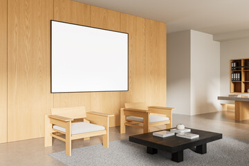 Modern interior with blank poster mockup on wooden wall above chairs in stylish office lounge for...