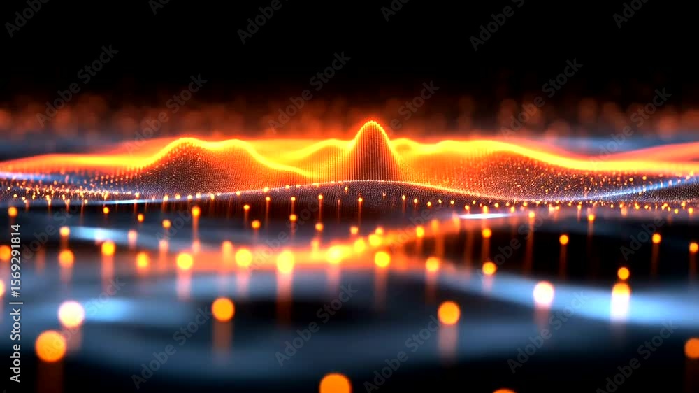 Poster abstract digital landscape with glowing particles and reflections on dark background