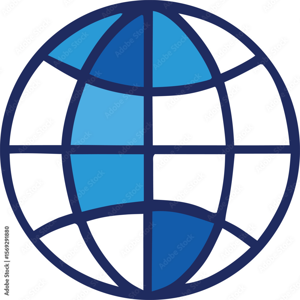 Poster stylized globe icon with blue and white segments representing global connectivity and digital networ