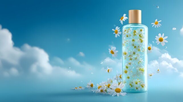 Aesthetic perspective floral beauty elixir showcase against a calm tranquil sky background