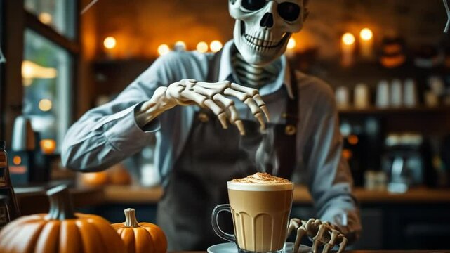 Spooky Halloween Barista Making Latte Coffee Art in a Decorated Cafe