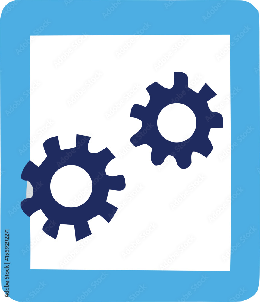 Poster two dark blue gears interlocked within a light blue rounded square frame symbolizing connection and 