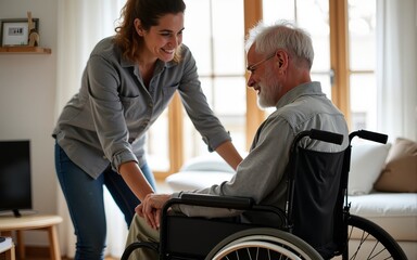 Volunteer helping man in wheelchair at home. High quality