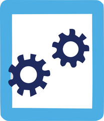 Two dark blue gears interlocked within a light blue rounded square frame symbolizing connection and mechanical processes