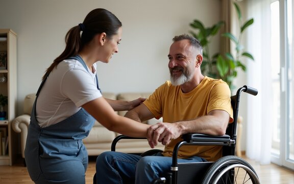 Volunteer helping man in wheelchair at home. High quality