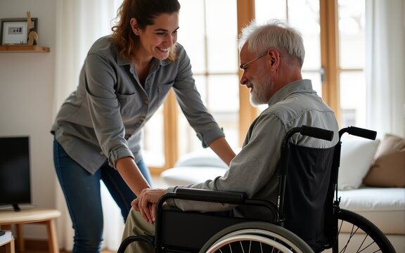 Volunteer helping man in wheelchair at home. High quality