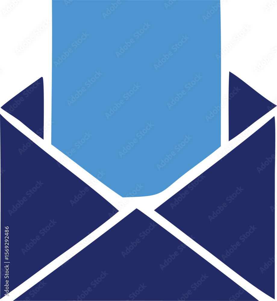 Poster a simple stylized illustration of an open dark blue envelope with a light blue paper insert conveyin
