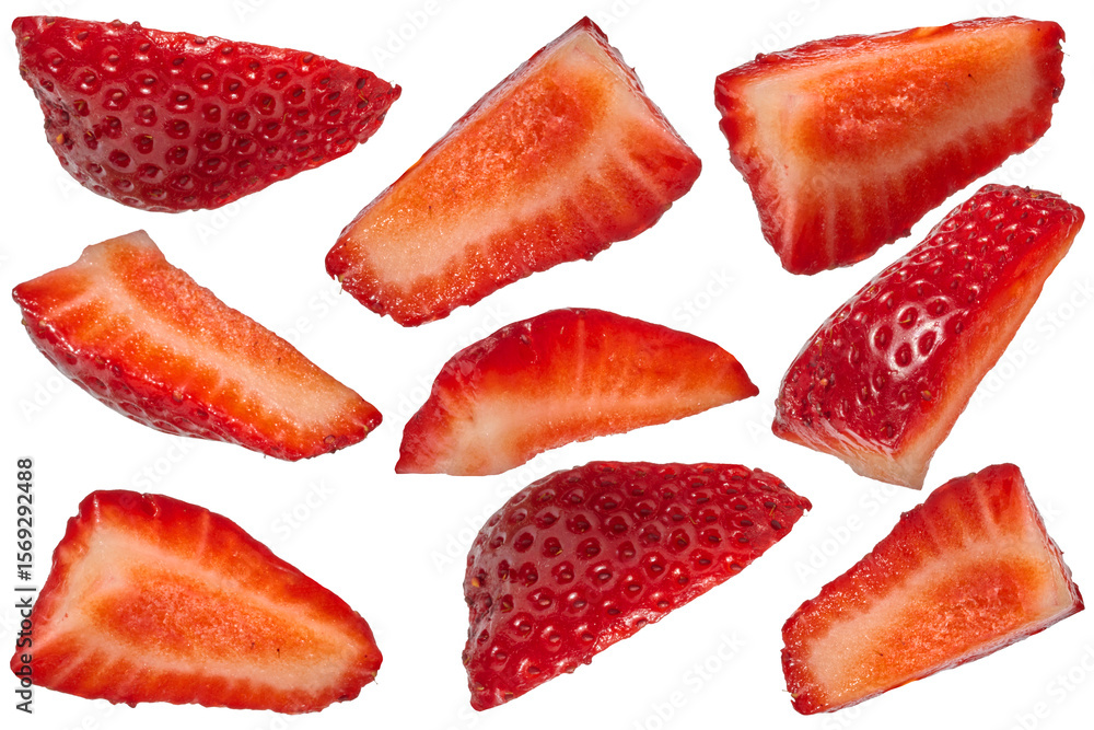 Poster set of sliced red fresh strawberry wedges arranged in different positions on isolated background.