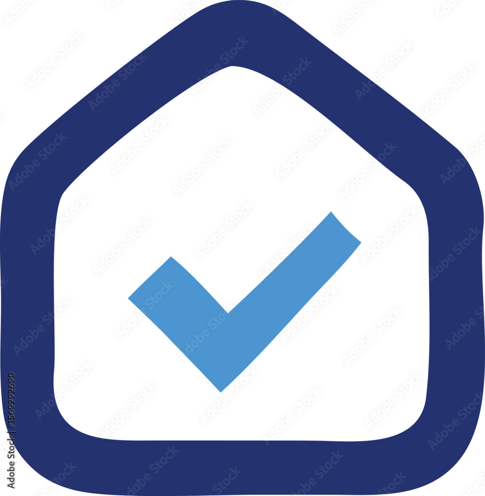Poster simple blue house outline with a bright blue checkmark inside representing approval verification or 