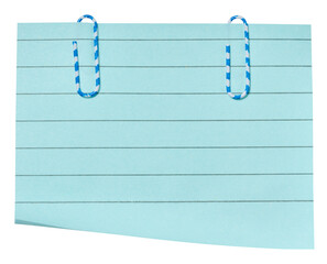 A rectangular sheet of light blue lined paper with two blue and white striped paper clips attached...