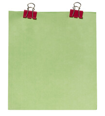 Sheet of green paper attached with two red paper clips binders, isolated background