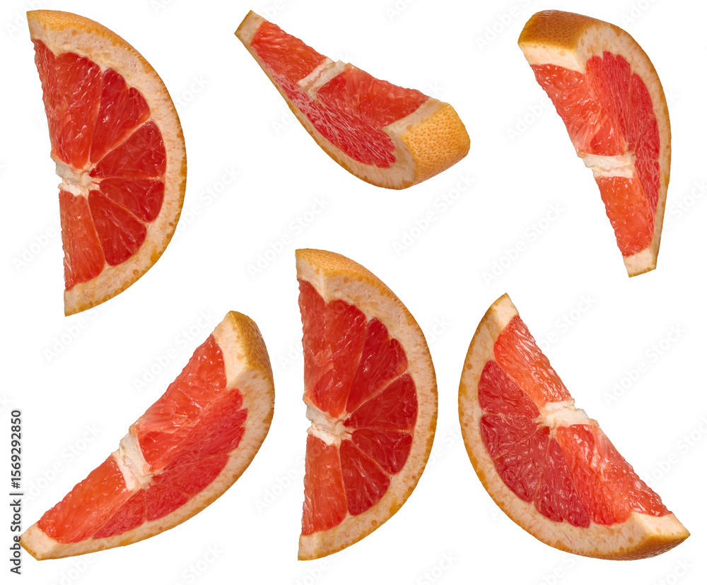 Poster several sliced red grapefruit wedges from different angles, placed on an isolated background.