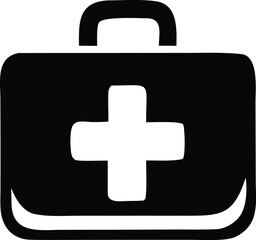 Obraz premium Simple black and white icon of a medical kit or first aid box with a prominent white cross symbol on its front