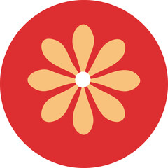 Stylized eight petal flower with a white center against a textured red circular background evoking a simple abstract floral design