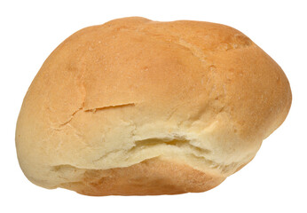 One fresh round bread bun, golden brown color, isolated on background