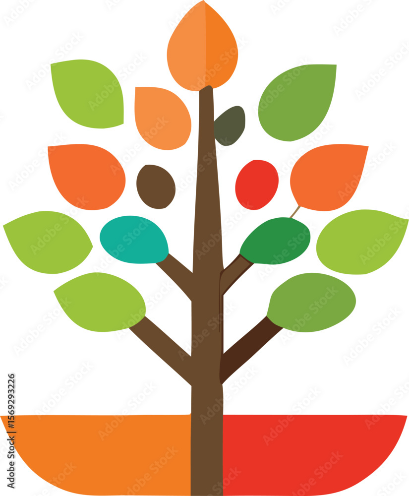 Poster stylized abstract tree with colorful leaves and textured base representing nature and seasons in a m