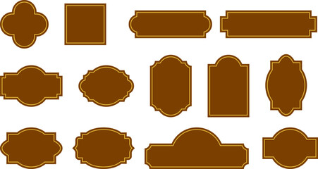 Classic vintage brown labels with gold decorative border and blank space. Ornate design for handmade and rustic products, traditional and crafted branding. Vector illustration collection