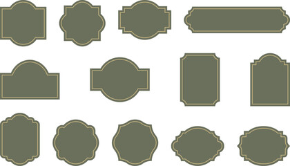 Elegant vintage labels with ornate frames in olive green and gold color. Classic tags with decorative border for handmade branding, natural and organic packaging. Set of vector designs