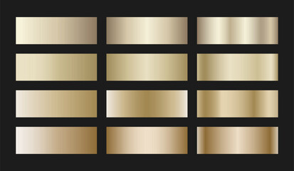 Soft champagne gold gradient swatches collection. Light metallic textures with polished foil shine and satin smooth transitions. Elegant palette for premium and sophisticated designs