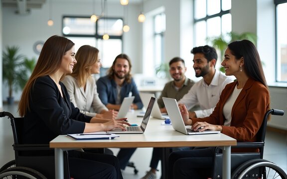 Businesswoman in wheelchair having business meeting with team at modern office. A group of young freelancers agree on new online business projects. High quality