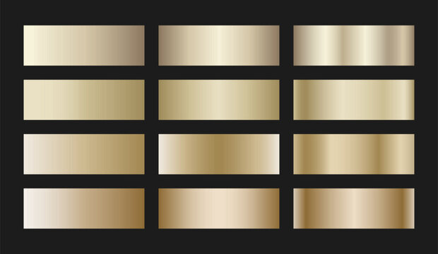 Soft champagne gold gradient swatches collection. Light metallic textures with polished foil shine and satin smooth transitions. Elegant palette for premium and sophisticated designs