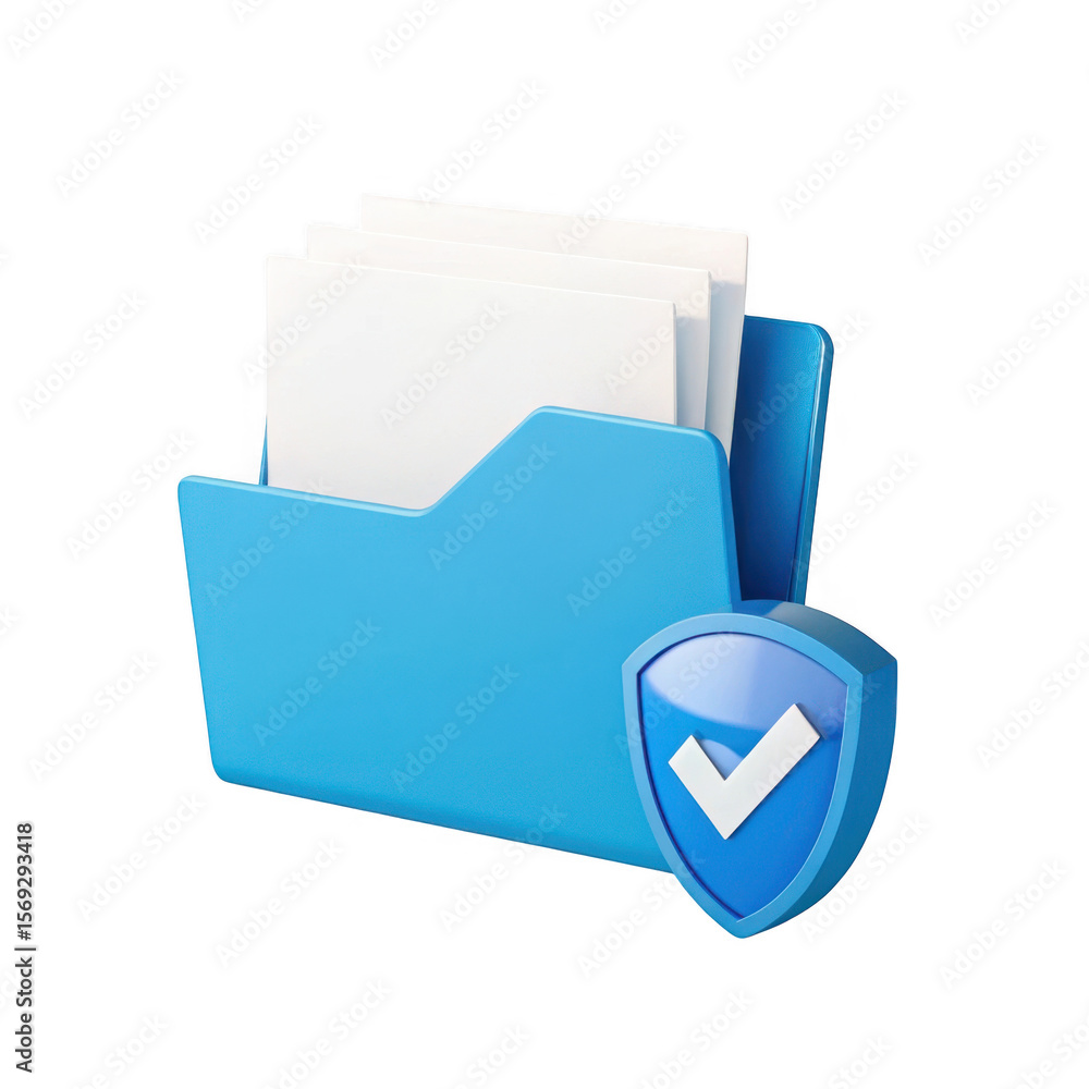 Poster 3d blue folder with security shield isolated on transparent background