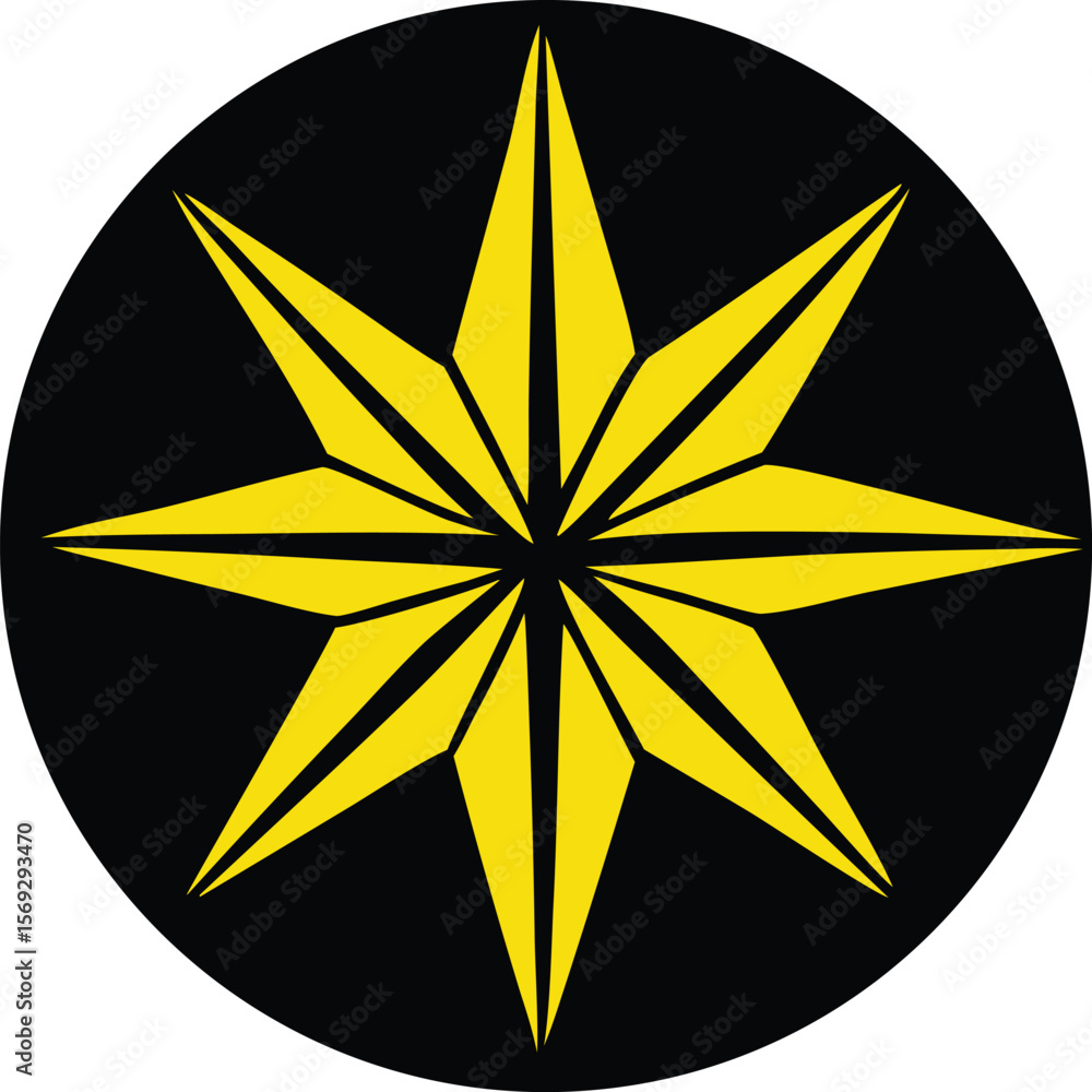 Poster a striking yellow eight pointed starburst design with sharp points radiating outwards against a deep